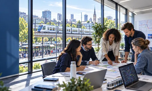 Five colleagues review a transit map at a table, with a tram and city skyline visible through floor-to-ceiling windows.