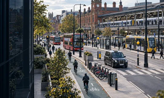 UK street with red double-decker buses, a tram, a black cab and cyclists, with a historic clock tower building behind.