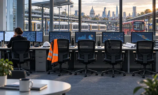 Person at a control desk with transport-data monitors, a high-vis vest nearby, trains and a city skyline outside.