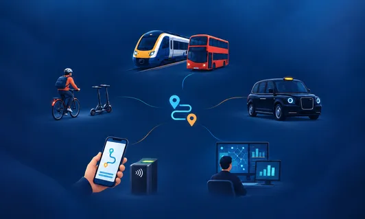 Illustration of train, bus, cyclist, e-scooter, taxi and a data dashboard connected to a smartphone journey-planning app.